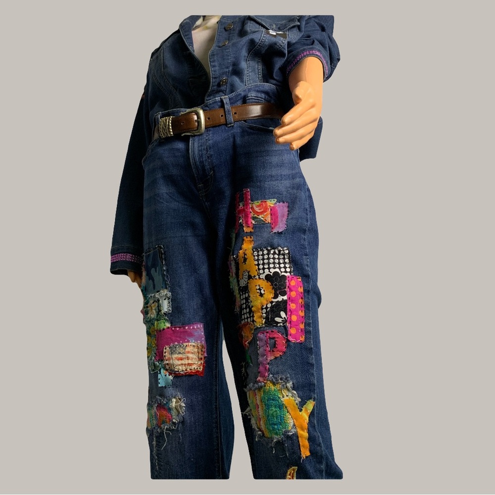 Colorful Upcycled Patchwork and Embellished Women's Denim Jean - Picture 2 of 13